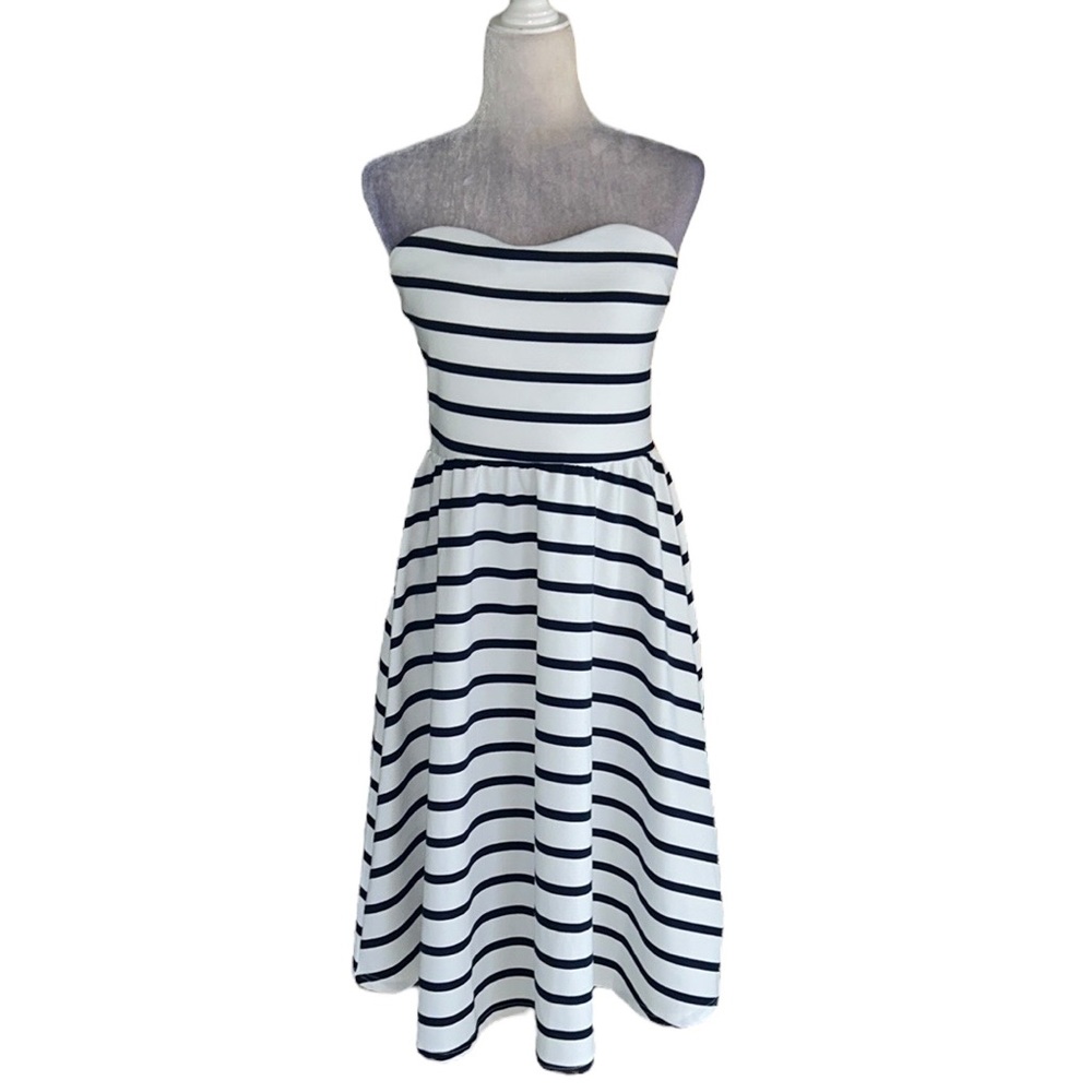 Anthropologie Lumiere White Navy Blue Stripe Strapless A-line Knit Midi Dress  L